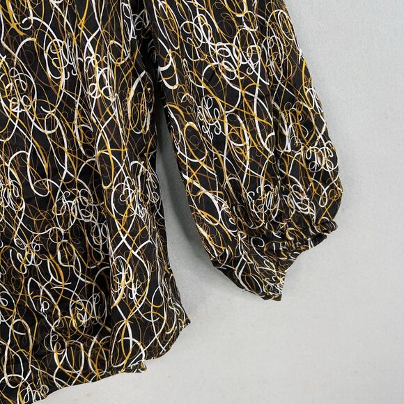 Diane von Furstenberg Blouse Womens 8 Black Gold White Silk Tie Waist Peasant - Picture 5 of 16